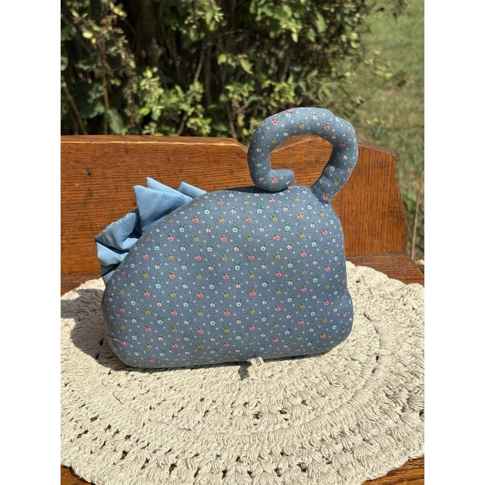 Vintage Handmade Blue Floral Fabric Cat Figure Pillow Cushion 8